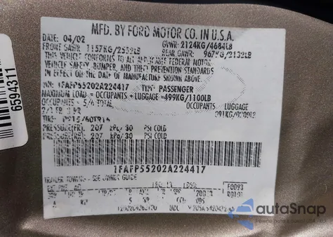 2002 Ford Taurus Ses from USA, damaged, VIN 1FAFP55202A224417